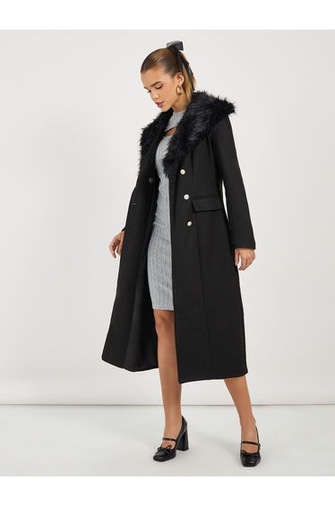 Regular Fit Double Breasted Wool Like Coat with Faux Fur Collar