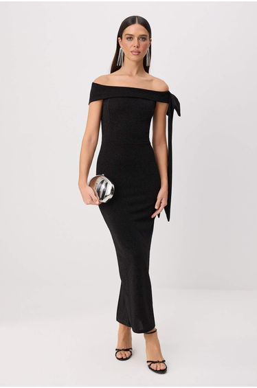 Black Glitter Strapless Shoulder Lace Detailed Evening Dress Graduation Party Dress