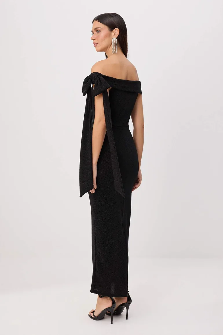 Black Glitter Strapless Shoulder Lace Detailed Evening Dress Graduation Party Dress - 3