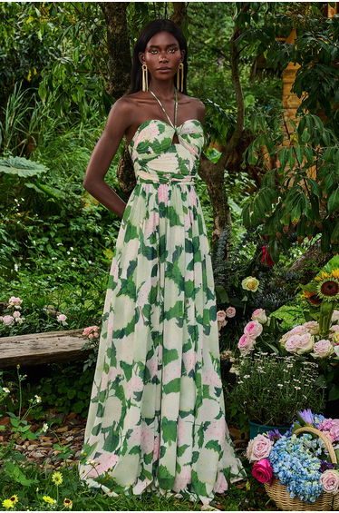 Éliane Floral Halter Neck Pleat Maxi Dress