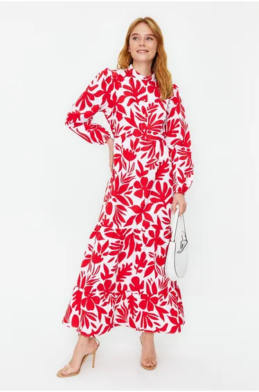 Tile Patterned Half Patchwork Wide Fit Cotton Woven Dress