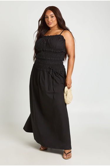 Plus Shirred Tied Waist Maxi Dress - black