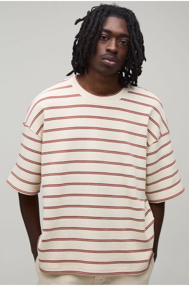 Oversized Boxy Striped Waffle T-shirt - ecru
