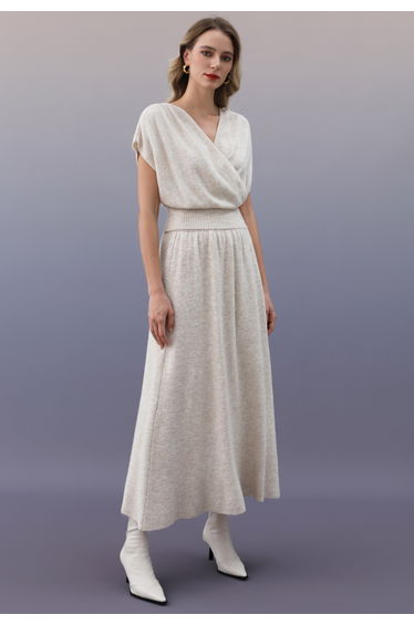 Unfussy Faux-Wrap Front Knit Top and Maxi Skirt in Oatmeal