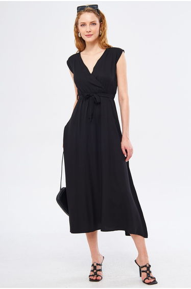 Women's Black Efta Dress Back and Front Collar Double Breasted Belted Midi Length ARM