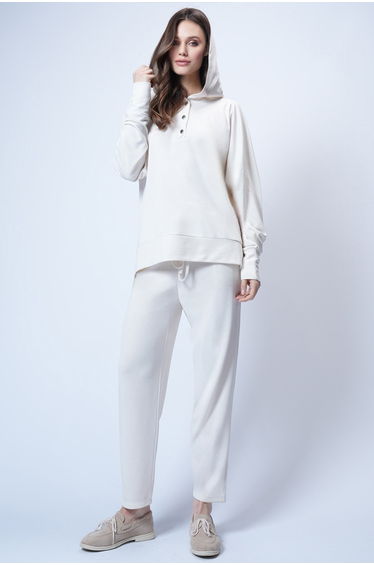 Women's Ecru Hooded Snap Fasteners Oversized Sweatshirt and Pants Set