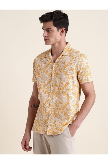 Men Yellow Floral Printed Cuban Collar Cotton Shirt