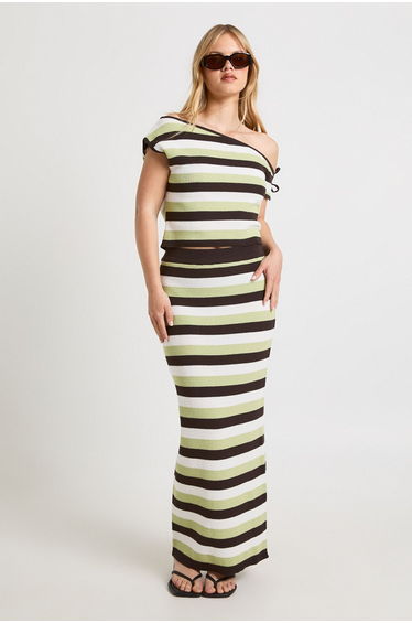 Petite Knitted Asymmetric Shoulder Top and Maxi Skirt Co-ord - neutral