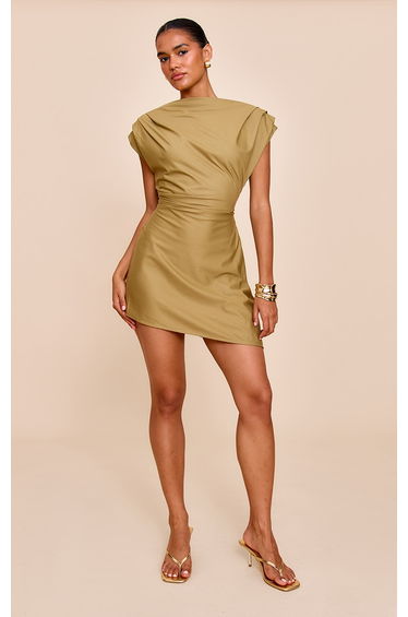 Khaki Woven Tailored Boxy Cinched Waist Mini Dress