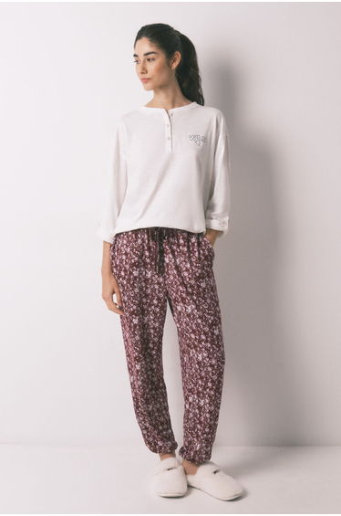 Burgundy long floral print trousers