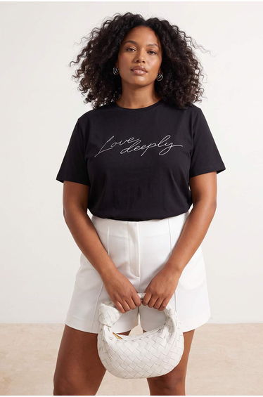 Black Crew Neck Stone Printed Knitted Oversize T-Shirt