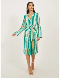 Tie and Dye Print Tie Detail Shirt Midi Dress - 1