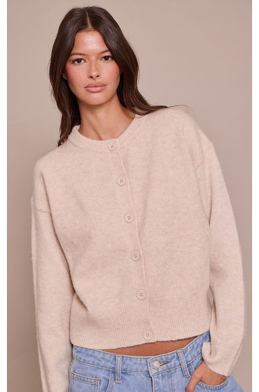 Oatmeal Crew Neck Knit Cardigan