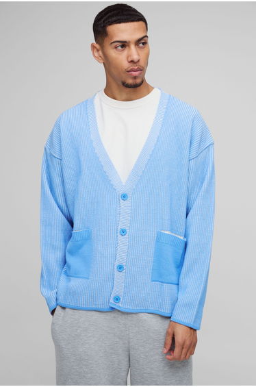 Oversized Boxy Dropped Shoulder Plated Ribbed Knitted Cardigan - light blue