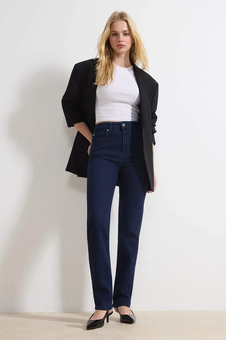 Dark Blue High Waist Straight Straight Cut Comfort Jeans - 2