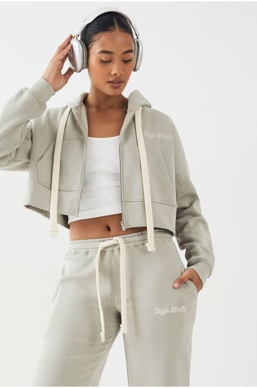 DSGN Studio Contrast Drawcord Boxy Crop Hoodie - khaki