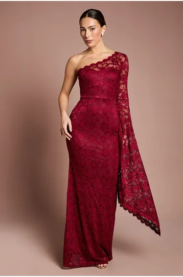 One Shoulder Cap Detail Lace Maxi Dress