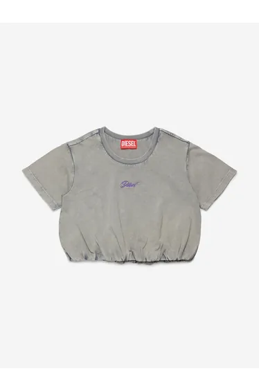 Diesel Girls Embroidered Logo Cropped T-Shirt in Grey