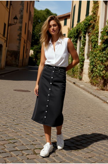 Black Denim Column Maxi Skirt