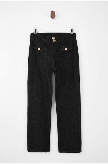 Black High Waist Straight Pipe Leg 100% Cotton Non-Stretch jeans