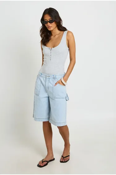Ribbed Button Up Sleeveless Bodysuit - ash grey