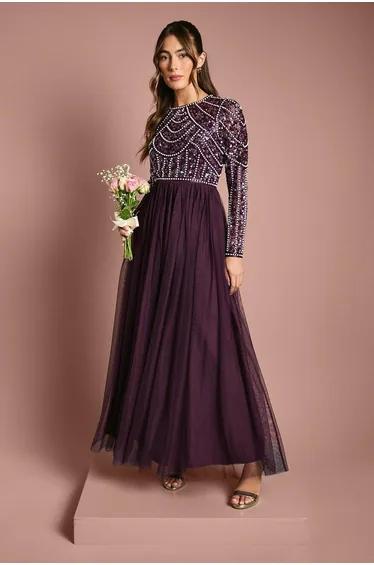 Coast Honoured Long Sleeve Sequin Bodice Tulle Skirt Maxi Dress
