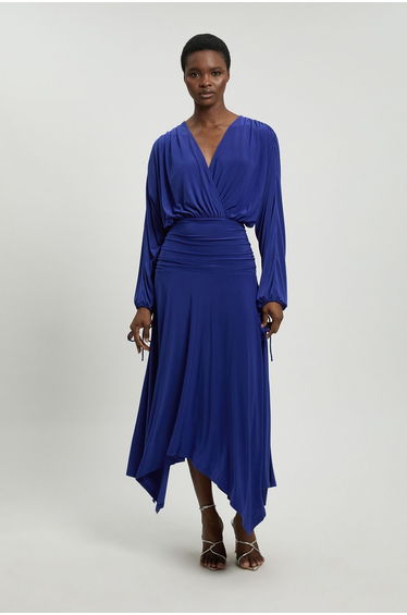 Stretch Drapey Crepe Ruched Plunge Neck Batwing Sleeve Maxi Dress