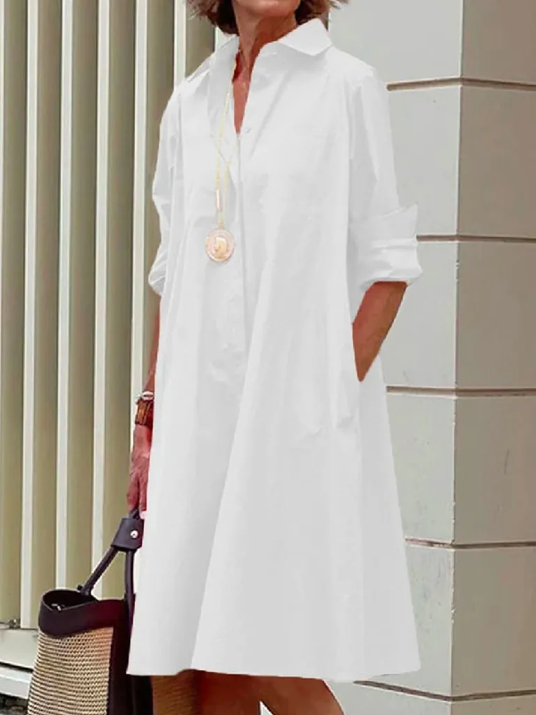 Simple Long Sleeves Solid Color Lapel Midi Dress Uoozee White : Day Dresses : VogaCloset Oman Simple Long Sleeves Solid Color Lapel Midi Dress Uoozee White : Day Dresses : VogaCloset Oman