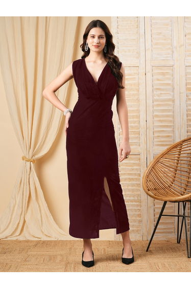 Deep V Neck Sheath Maxi Dress with Front Slit