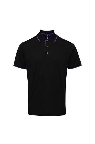 Premier Mens Coolchecker Contrast Pique Polo Shirt - Black/Purple