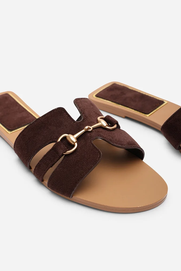 Dorina Embellished Wide Fit Dark Brown Suede Slide On Sandals - 5