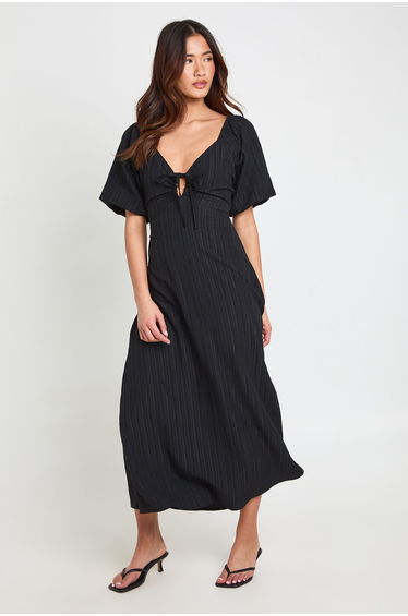 Textured Volume Sleeve Midaxi Dress - black