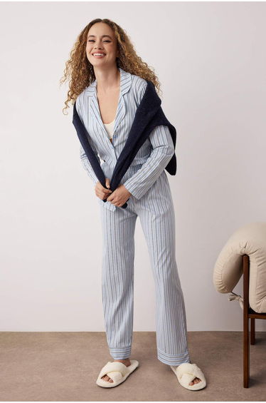 Blue 100% Cotton Striped 30/1 Openend Knitted Pajama Set