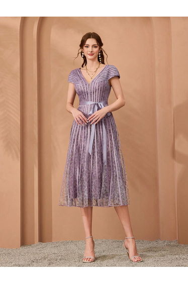 Leely V-NeckCap Sleeve Organza Midi Dress