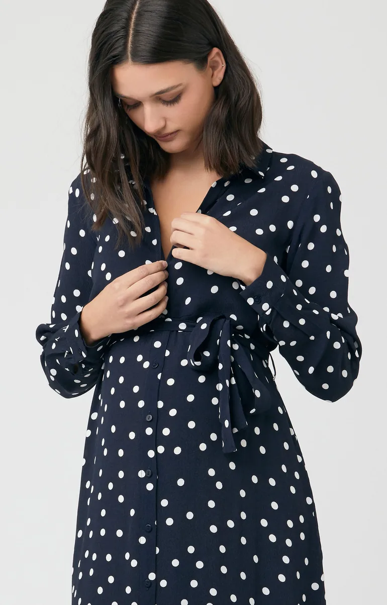 Spot Shirt Maternity Dress (Navy and White) - 2