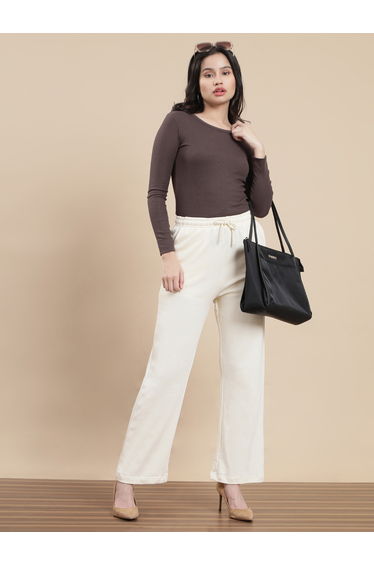 Cream Knit Cotton Terry Straight Pants