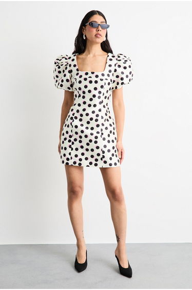 Polkadot Puff Sleeve A-Line Mini Dress