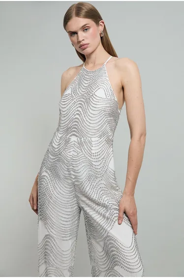 Embellished Geo Halter Woven Jumpsuit