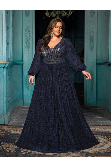 Elegant Blue Plus Size Dreamy Hot Drill Rhinestone Pleated Gown Dress