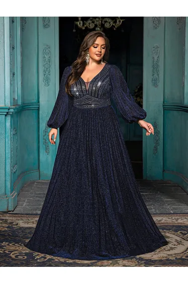Elegant Blue Plus Size Dreamy Hot Drill Rhinestone Pleated Gown Dress