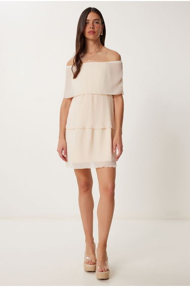 Women's Cream Layered Pleated Mini Chiffon Dress