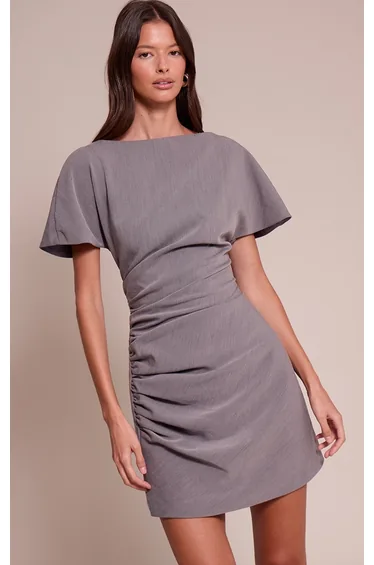 Grey Woven Ruched Short Sleeve Mini Dress