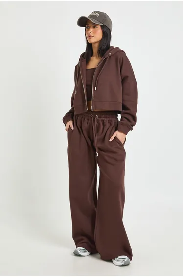 Petite Deep Hem Crop Top 3 Piece Hooded Tracksuit - chocolate