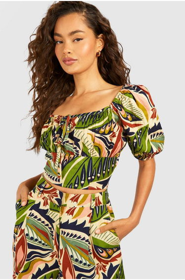 Bohemian Print Linen Look Crop - black