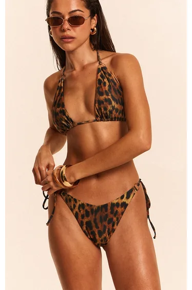 Brown Leopard Print Mini O Ring Tie Side Bikini Bottoms