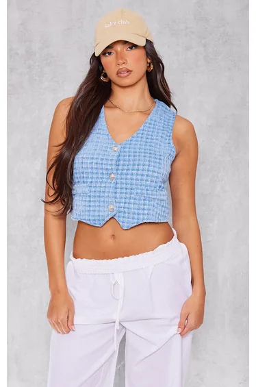Blue Textured Cropped Waistcoat