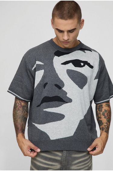 Oversized Boxy Face Jacquard Knitted T-shirt - black
