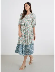 Women Floral Print Midi Dress with Tie Belt