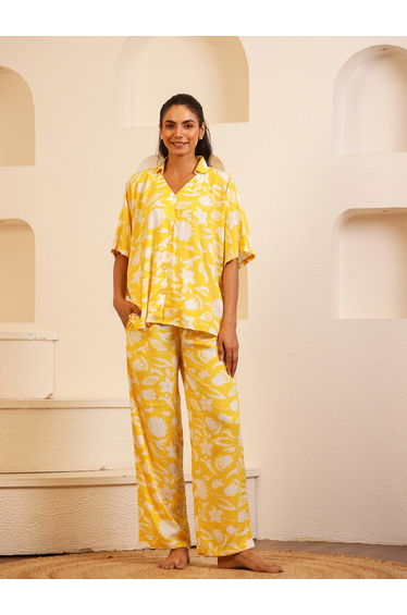 Women Yellow Floral Print Top and Pyjama Set