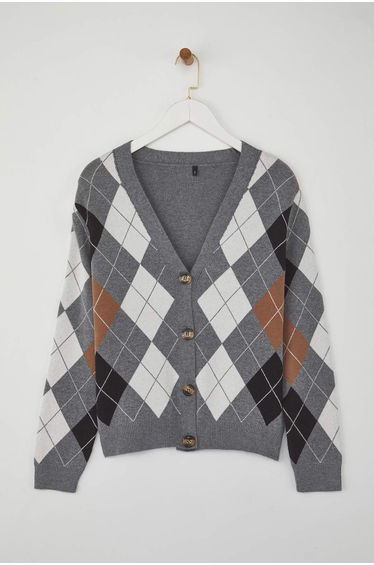 Anthracite Premium Yarn/Special Yarn Diamond Patterned Knitwear Cardigan